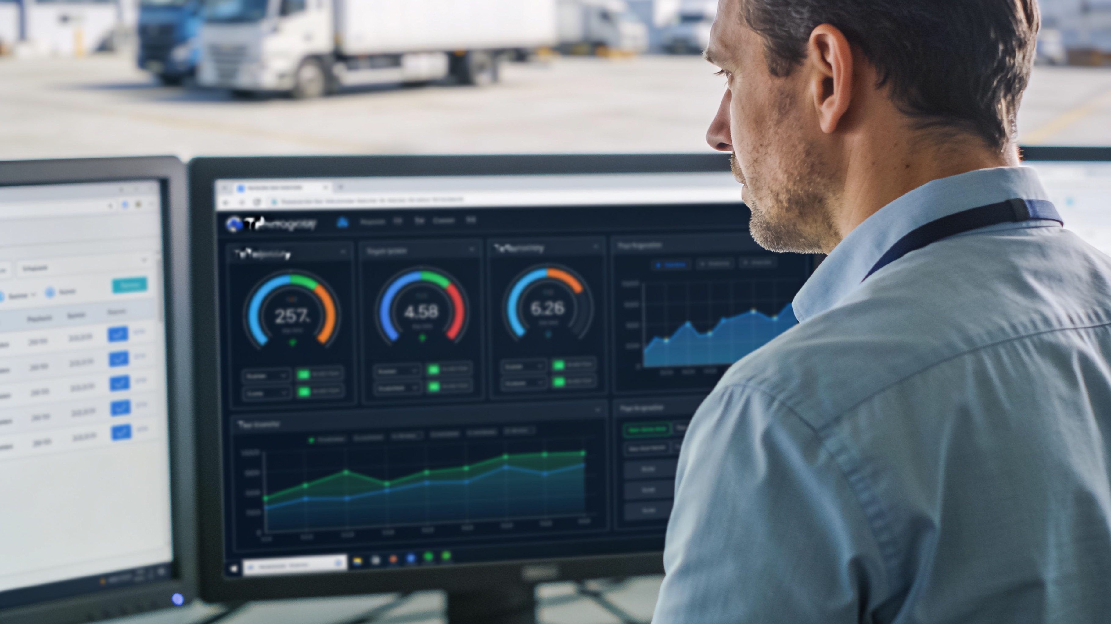 Gestor de frota observando um monitor com vários painéis e gráficos de indicadores de telemetria numa central de operações logística durante o dia, sensação de excesso de informação e necessidade de foco na métrica certa, sem marca ou logotipo visível.